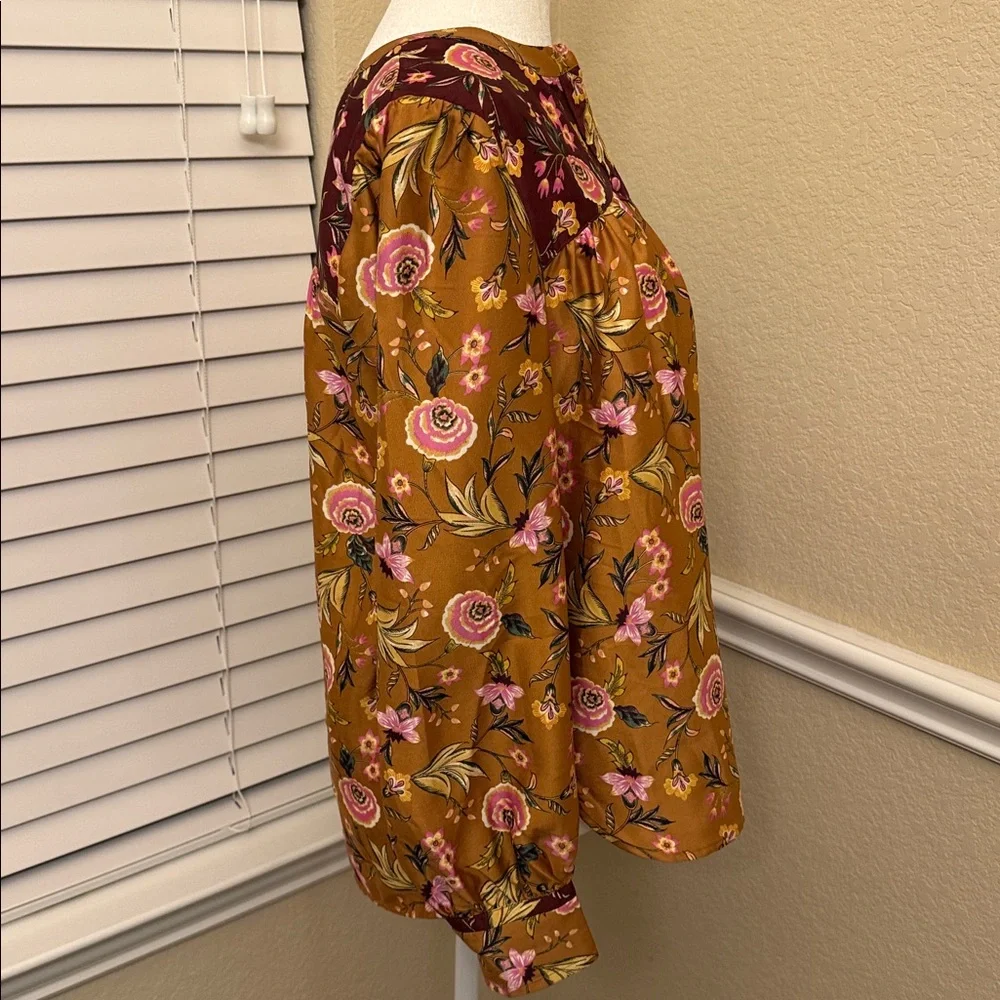 LOFT Floral Blouse Mustard Burgundy Long Sleeves Women's Small - Picture 3 of 14